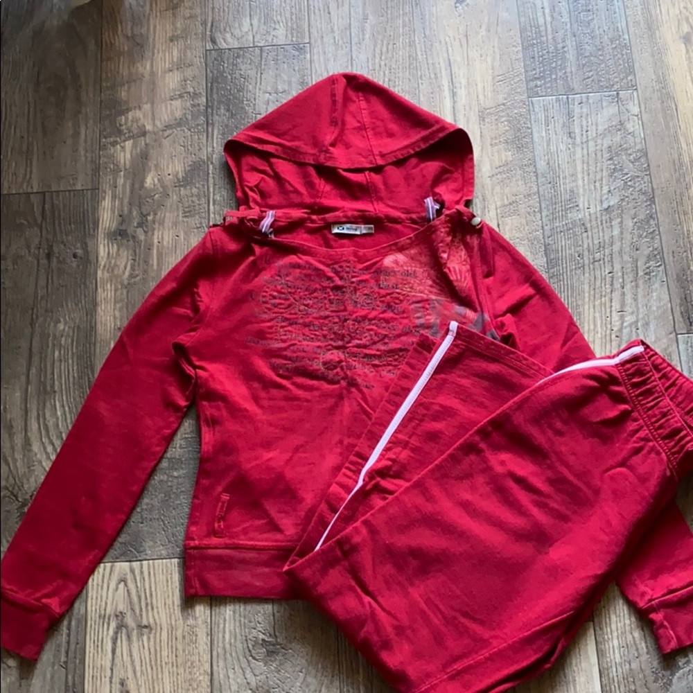 set with red sweatshirt and sweatpants